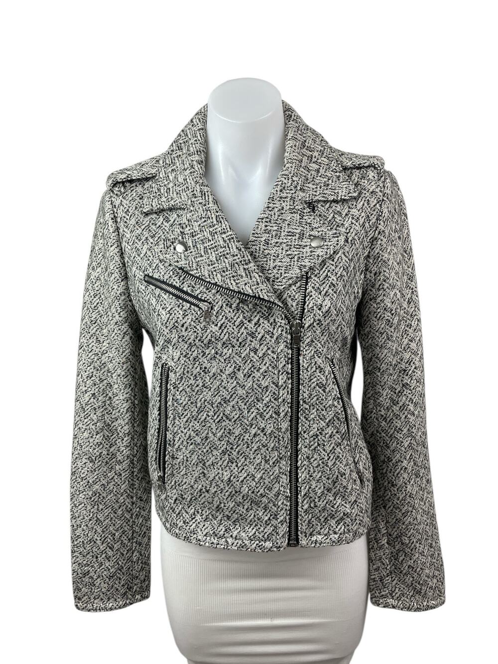 Gap Women's Gray Chevron Wool Long Sleeve Zip Up Moto Biker Coat Jacket Size S